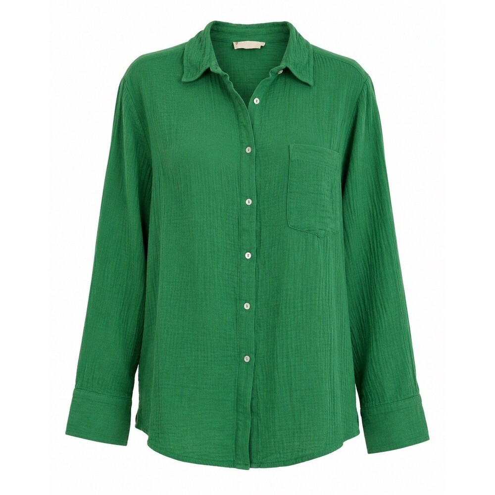 Line Green Gauze Button Down Shirt Women Sz S Oversized Long Sleeve EUC